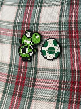 Handmade Pixel Bead Yoshi & 1-Up Mushroom - Green & puWhite